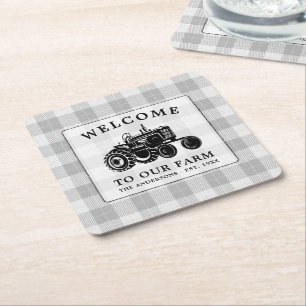 Dessous-de-verre Carré En Papier Bienvenue Nom de famille Ferme Tracteur blanc Plai
