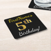 Dessous-de-verre Carré En Papier Black, Faux Gold 5e anniversaire + Nom personnalis (Incliné)