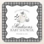 Dessous-de-verre Carré En Papier Black Gingham Little Boo Ghost Baby Shower Bar<br><div class="desc">A little boo is almost due! Get ready for a spooktacular celebration with our Cute Ghost theme party decor! This charming design features an adorable ghost holding a pumpkin candy basket, set against a black wavy border and a preppy gingham background. Perfect for a fun and festive Halloween celebration. Let's...</div>