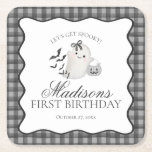 Dessous-de-verre Carré En Papier Black Gingham Little Boo Ghost Birthday Party Bar<br><div class="desc">Hey Boo! Get ready for a spooktacular celebration with our Cute Ghost theme party decor! This charming design features an adorable ghost holding a pumpkin candy basket, set against a black wavy border and a preppy gingham background. Perfect for a fun and festive Halloween celebration. Let's get spooky in style...</div>