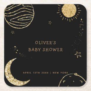 Dessous-de-verre Carré En Papier Black Gold Galaxy Lune Star Baby shower garçon