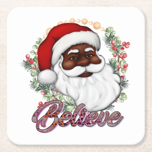 Dessous-de-verre Carré En Papier Black Père Noël Believe Melanin Man Christmas Chev (Devant)
