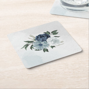 Dessous-de-verre Carré En Papier blanc & bleu mariage fleuri