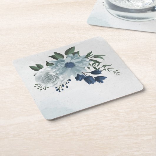 Dessous-de-verre Carré En Papier blanc & bleu mariage fleuri (Incliné)