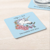 Dessous-de-verre Carré En Papier Blanc Unicorne rose Fleurs Bleu (Incliné)