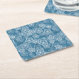 Dessous-de-verre Carré En Papier bleu avec blanc, bleu, fleurs, floral, rustique, f