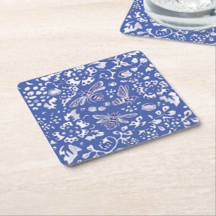 Dessous-de-verre Carré En Papier Bleu blanc Bee Floral Rustic Farmhouse Cottage