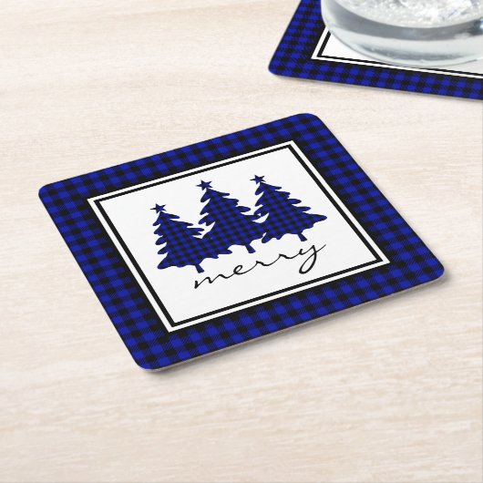 Dessous-de-verre Carré En Papier Bleu Buffalo Check Pine Trees (Incliné)