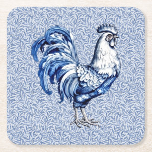 Dessous-de-verre Carré En Papier Bleu Delft Et Poulet Blanc Rooster