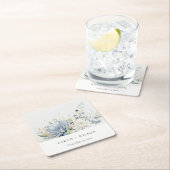 Dessous-de-verre Carré En Papier Bleu doux Vert Succulent Mariage botanique fleuri (En situation)