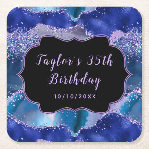 Dessous-de-verre Carré En Papier Bleu foncé et mauve Océan Agate Anniversaire