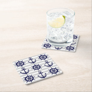 Dessous-de-verre Carré En Papier Bleu marine Ancre bateau à roue Gris Gris