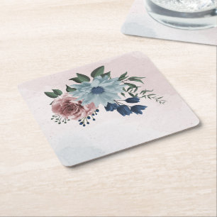 Dessous-de-verre Carré En Papier bleu marine rose poussiéreux vert floral