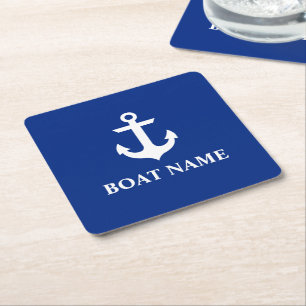 Dessous-de-verre Carré En Papier Bleu nautique d'Ancre de nom de bateau