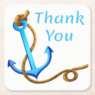 Dessous-de-verre Carré En Papier Bleu Nautique et Ancre de Navire Turquoise Merci