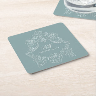 Dessous-de-verre Carré En Papier Bleu Poussiéreux Mariage Blason Monogramme Vintage