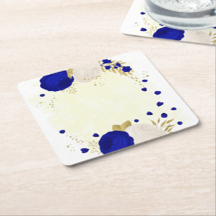 Dessous-de-verre Carré En Papier bleu roi et fleurs blanches or