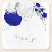 Dessous-de-verre Carré En Papier bleu royal et fleurs blanches argent (Devant)