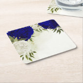 Dessous-de-verre Carré En Papier bleu royal et fleurs blanches mariage (Incliné)
