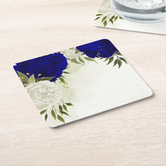 Dessous-de-verre Carré En Papier bleu royal et fleurs blanches mariage (Incliné)