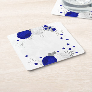 Dessous-de-verre Carré En Papier bleu royal & fleurs blanches argent