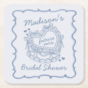 Dessous-de-verre Carré En Papier Bleu Ruban Rétro Cœur Coquette Gâteau Baby Shower