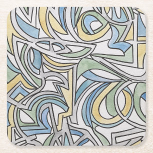 Dessous-de-verre Carré En Papier Bleu Vert Jaune Treillis-Peint à la Main Abstrait