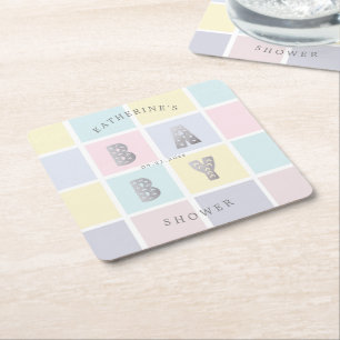 Dessous-de-verre Carré En Papier bloc de couleur pastel baby shower argent
