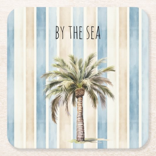 Dessous-de-verre Carré En Papier Blue Cream Stripes Tropical Palm Tree (Devant)