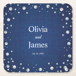 Dessous-de-verre Carré En Papier Blue Denim Diamonds Pearls Mariage Douche Couple