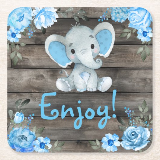 Dessous-de-verre Carré En Papier Blue Elephant Baby shower invitation, garçon rusti (Devant)