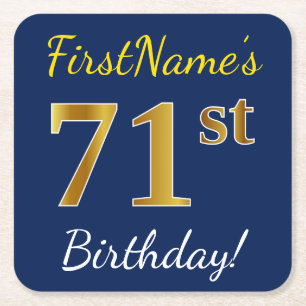Dessous-de-verre Carré En Papier Blue, Faux Gold 71e anniversaire + Nom personnalis