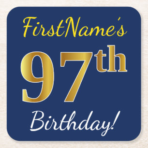 Dessous-de-verre Carré En Papier Blue, Faux Gold 97e anniversaire + Nom personnalis