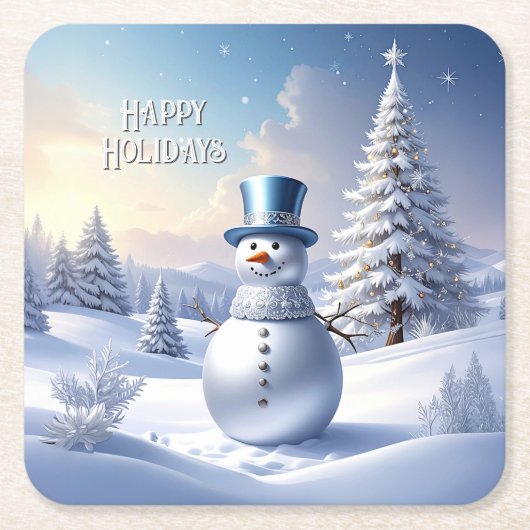 Dessous-de-verre Carré En Papier Blue Hat Snowman Christmas Tree Holiday (Devant)