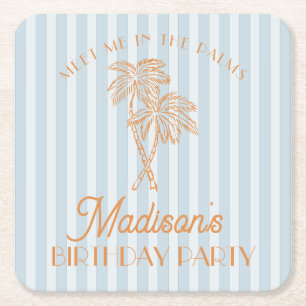Dessous-de-verre Carré En Papier Blue Palm Spring Pastel Beach Fête d'anniversaire