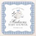 Dessous-de-verre Carré En Papier Blue Pastel Little Boo Ghost Baby Shower Bar<br><div class="desc">A little boo is almost due! Get ready for a spooktacular celebration with our Cute Pastel Blue Ghost theme party decor! This charming design features an adorable ghost holding a pumpkin candy basket, set against a light Blue wavy border and a preppy gingham background. Perfect for a fun and festive...</div>