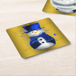 Dessous-de-verre Carré En Papier Blue Snowman sur Gold Christmas