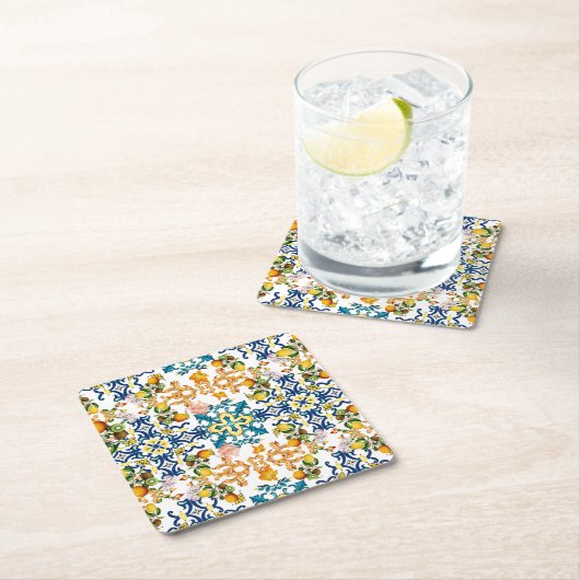 Dessous-de-verre Carré En Papier Blue Tiles Mediterranean Pattern (En situation)