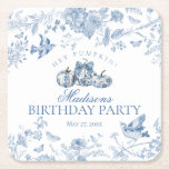 Dessous-de-verre Carré En Papier Blue Toile Pumpkin French Fall Floral Birthday<br><div class="desc">Elevate your autumn celebrations with our Fall Toile theme party decor, featuring detailed floral blue toile on a warm white background and fresh pumpkins adorned with blue floral Chinoiserie prints. This French-inspired design captures the crisp and fresh essence of fall. The intricate toile de Jouy pattern adds a touch of...</div>