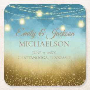 Dessous-de-verre Carré En Papier Blue Turquoise Gold String IDghts Mason Jars Maria