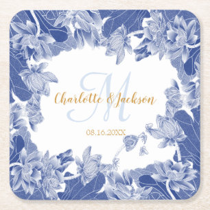 Dessous-de-verre Carré En Papier Blue White Floral Mariage Nom du couple