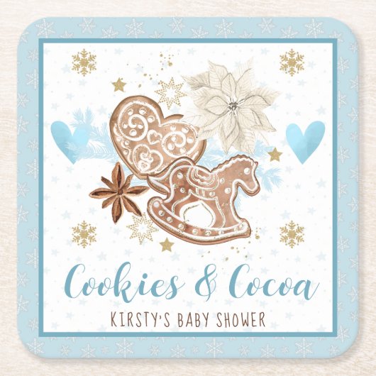 Dessous-de-verre Carré En Papier Blue Winter Cookies & Cocoa Baby Shower (Devant)