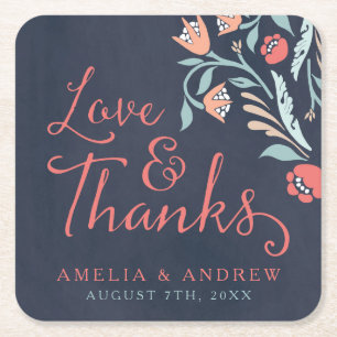 Dessous-de-verre Carré En Papier Bluish Chalkboard Floral Mariage Love and Thanks