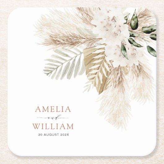 Dessous-de-verre Carré En Papier bohème pampas herbe mariage (Devant)