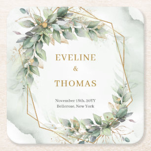 Dessous-de-verre Carré En Papier Boho aquarelle vert eucalyptus et or mariage