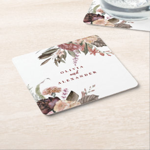 Dessous-de-verre Carré En Papier Boho Burgundy Roses tombent mariages floraux