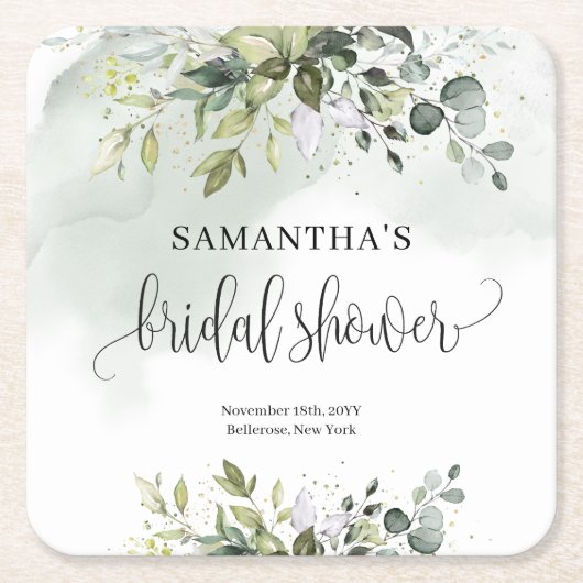 Dessous-de-verre Carré En Papier Boho Eucalyptus branches de verdure or Bridal (Devant)