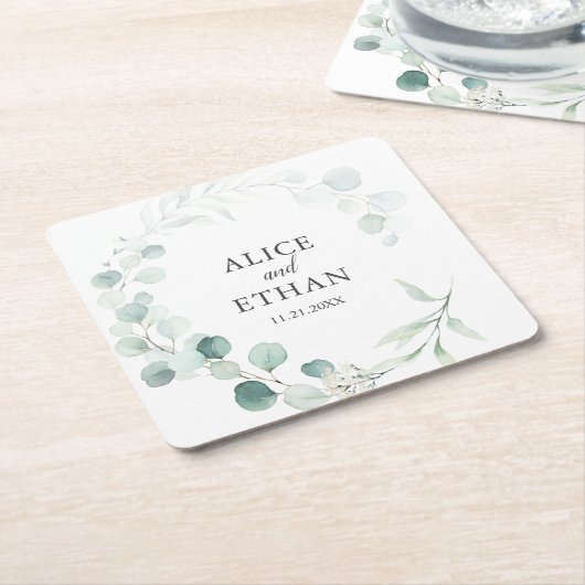 Dessous-de-verre Carré En Papier Boho Green Eucalyptus Mariage (Incliné)