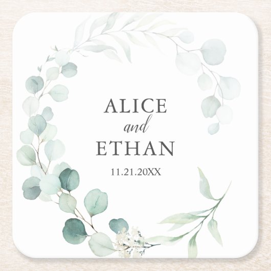 Dessous-de-verre Carré En Papier Boho Green Eucalyptus Mariage (Devant)