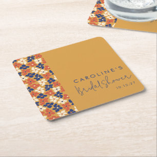 Dessous-de-verre Carré En Papier Boho Mustard Bleu Fête des mariées botanique Perso